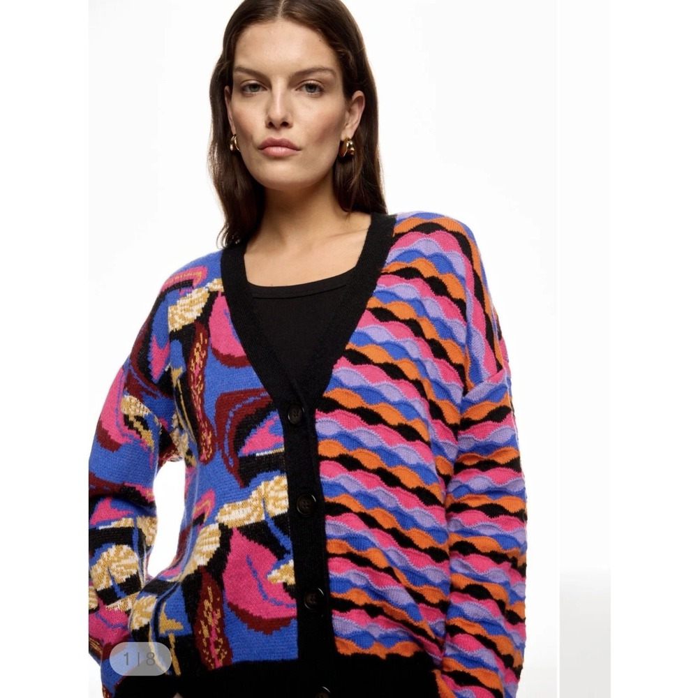 Farm Rio Mixed  Mushroom Oversized Cardigan Boho Sweater Sz L